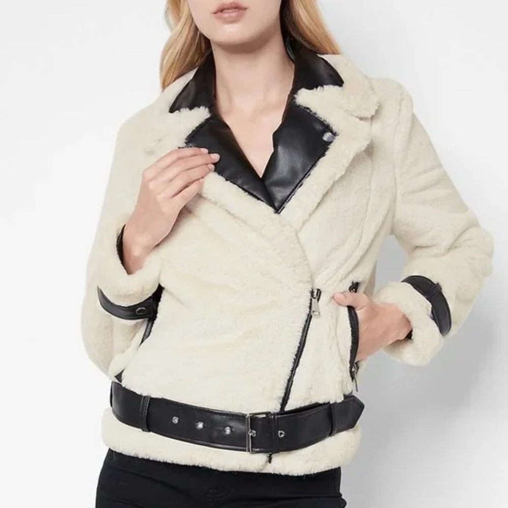 Express Shite faux fur leather trim moto coat size medium
